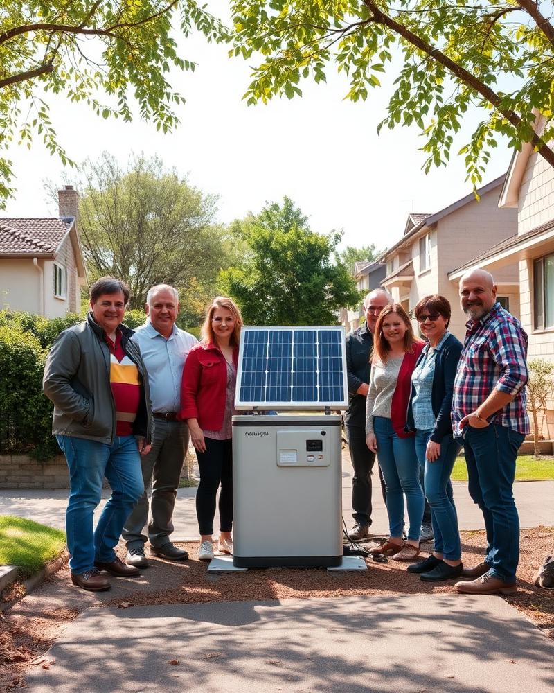 Neighbours gathered around a small community solar battery installation.