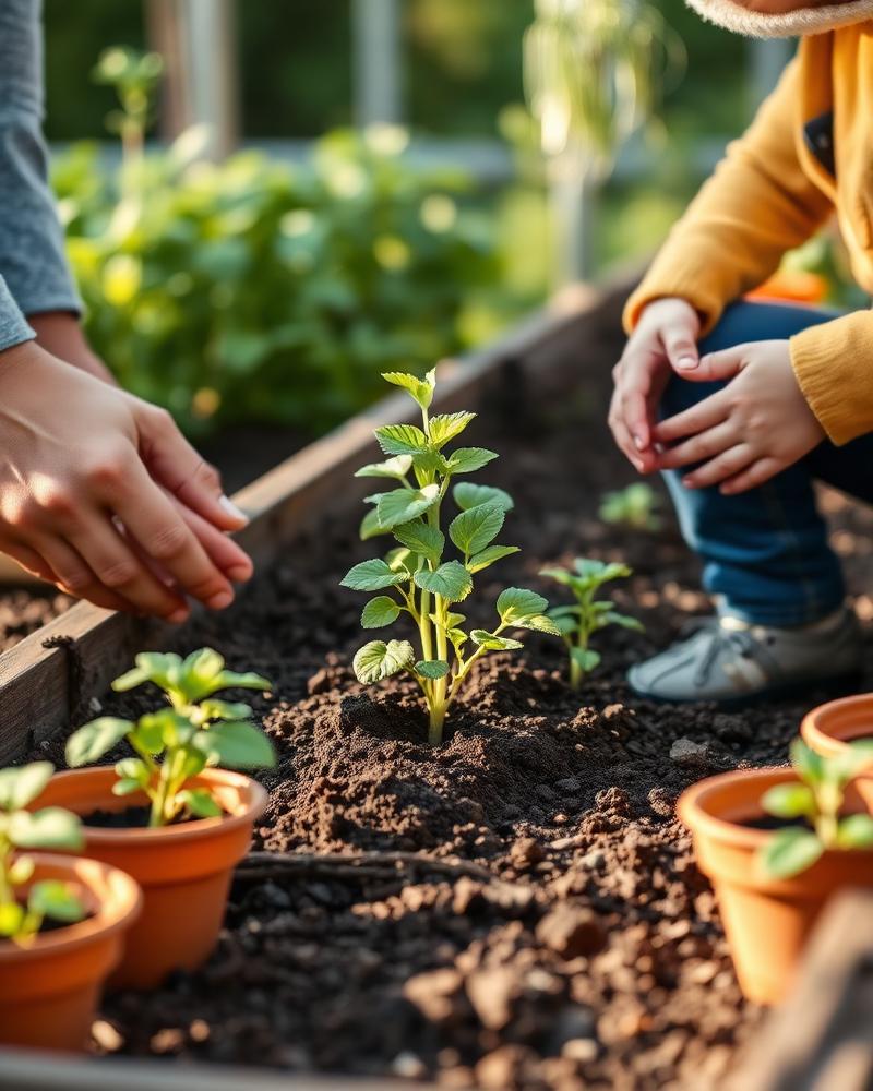Hands teaching a child to plant seedlings in a raised garden bed.