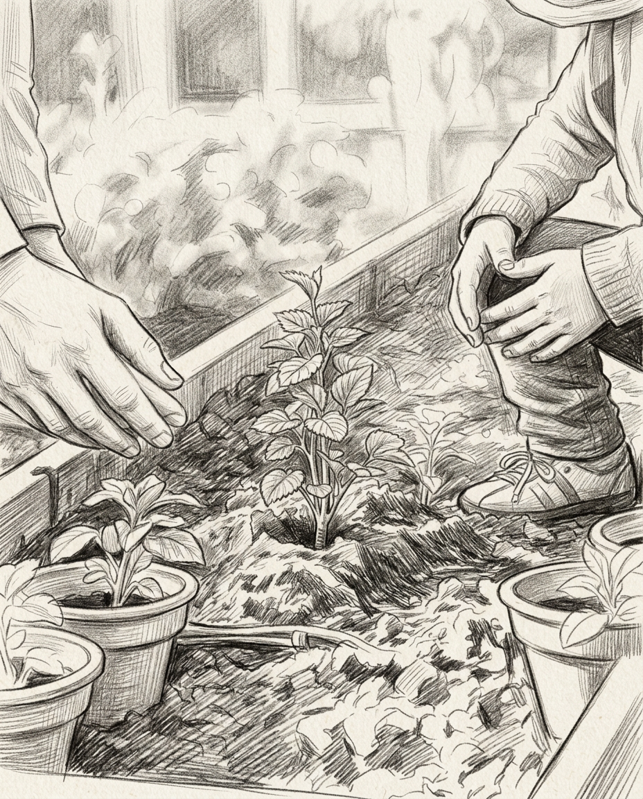 Hand-drawn pencil sketch of an adult's hands guiding a child's hands to plant seedlings in a raised garden bed, rendered with delicate hatching on textured paper.