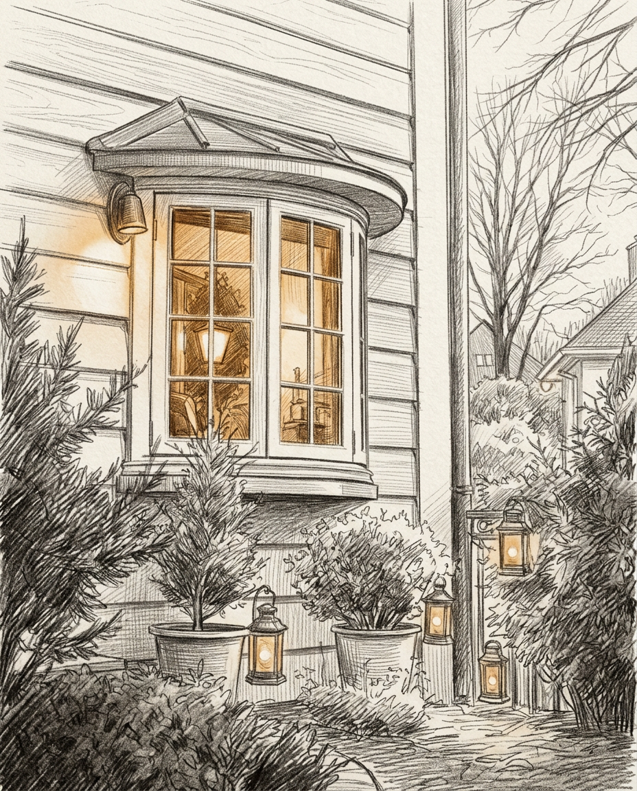 Hand-drawn pencil sketch of a home at dusk with a warmly glowing bay window and lanterns lighting the front path, sketched in loose graphite linework with soft shading.