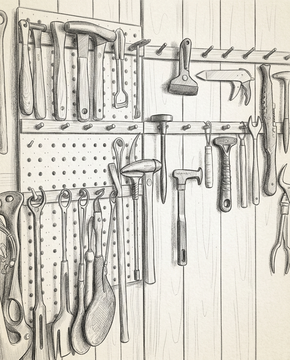 Hand-drawn pencil sketch of an organised community tool library — hammers, saws and garden tools hung on a wooden peg wall, drawn in graphite with cross-hatched shading.